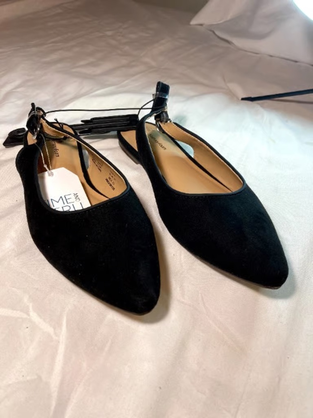 Time and Tru Black Pointed Toe Slingback Flats with Ankle Strap